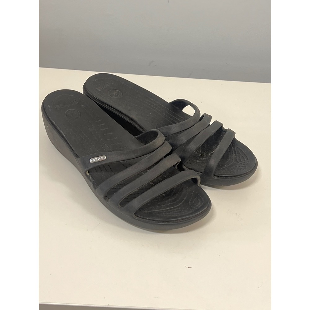 CROCS Rhonda‎ Black Wedge Strappy Slip On Sandals Shoes Size 11 Comfort Vacation